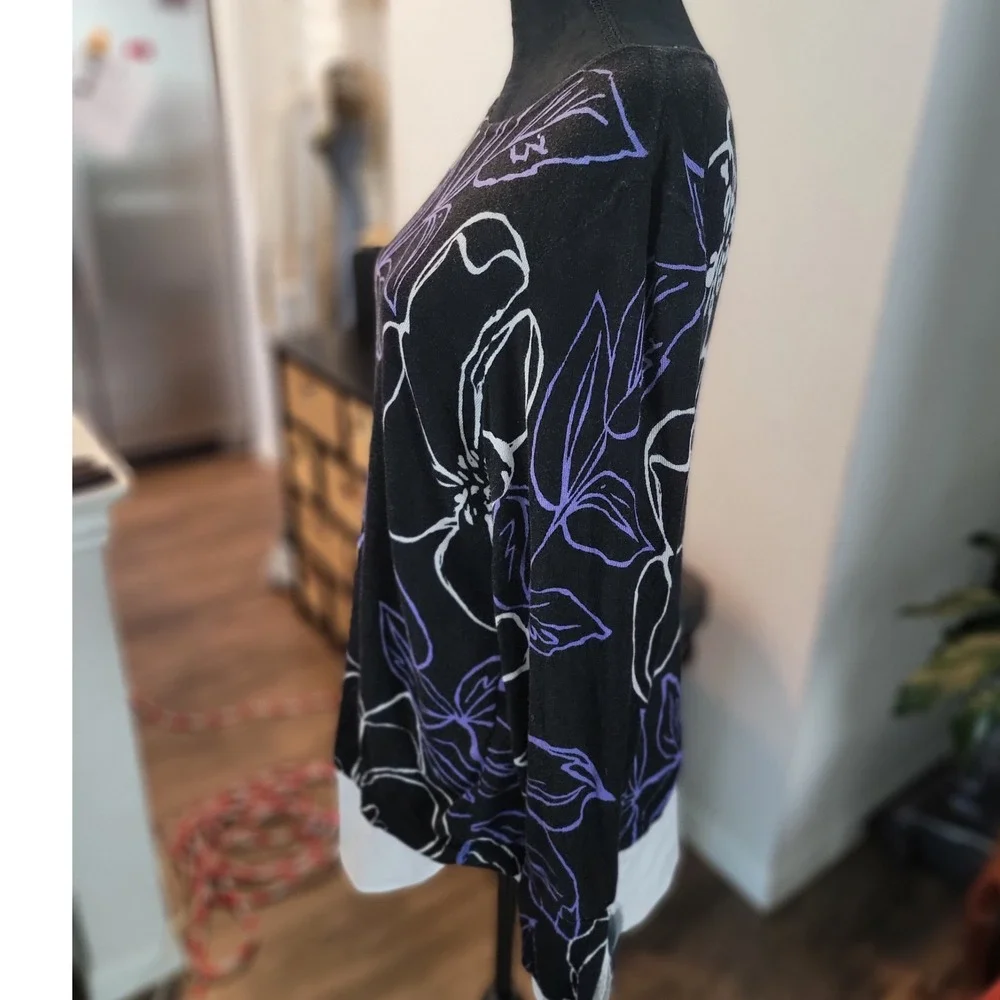 Chicos Floral Layered Look Sweater Black Purple White Mixed Media Shirt Hem 2 - Picture 3 of 8